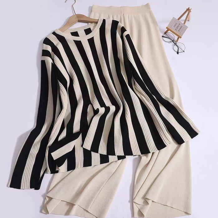 Color-Apricot-Design Sense Vertical Stripe Round Neck Split Knit Top High Waist Wide Leg Pants Fashion Two piece Set-Fancey Boutique
