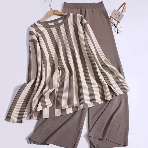 Color-Brown-Design Sense Vertical Stripe Round Neck Split Knit Top High Waist Wide Leg Pants Fashion Two piece Set-Fancey Boutique
