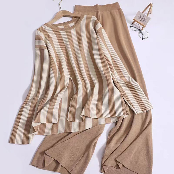 Color-camel-Design Sense Vertical Stripe Round Neck Split Knit Top High Waist Wide Leg Pants Fashion Two piece Set-Fancey Boutique