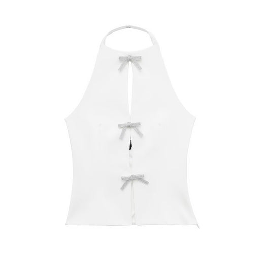 Women Spring Casual Bow Hanging Collar Top-White-Fancey Boutique