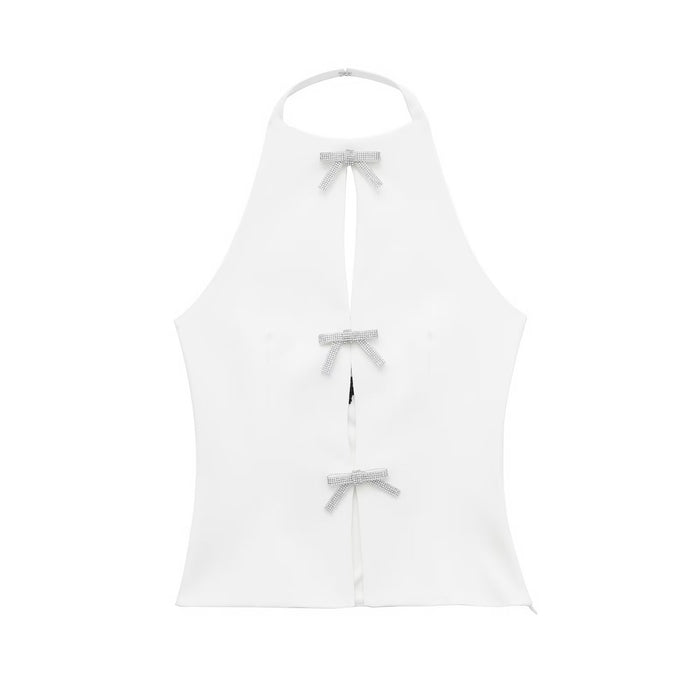 Women Spring Casual Bow Hanging Collar Top-White-Fancey Boutique