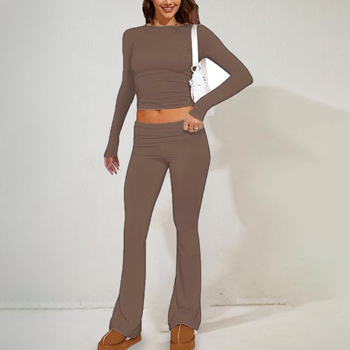 Color-Brown-Women Clothing Spring Summer Solid Color Slim Fit Long Sleeve Set-Fancey Boutique