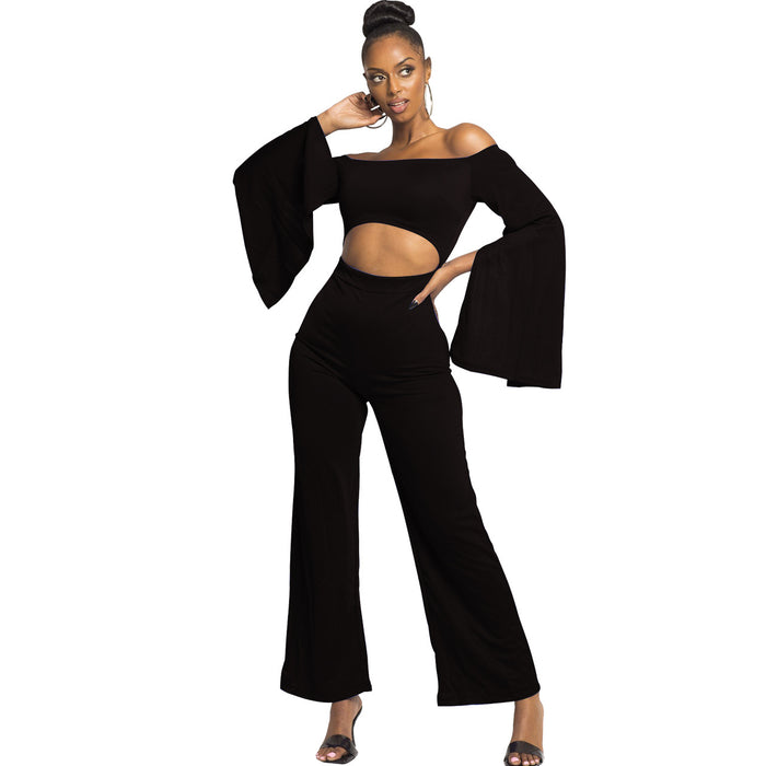 Boutique Casual Solid Color Long Sleeves Cropped off Shoulder Jumpsuit-1# Black-Fancey Boutique