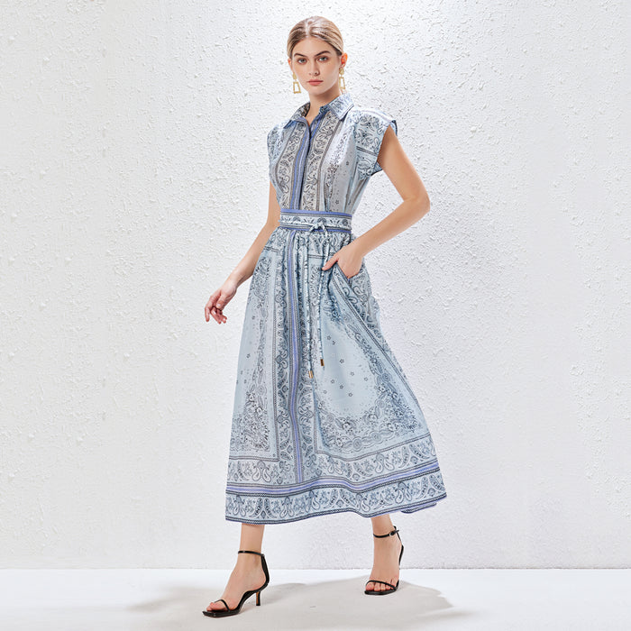 Spring and Summer Positioning Printed Two Piece Set High End Shirt Top Lace Up Long Half Skirt Suit-Blue-Fancey Boutique