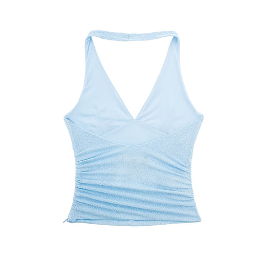 Spring Women V neck Sleeveless Pleated Slim Silk Net Printed Top-Multi-Fancey Boutique