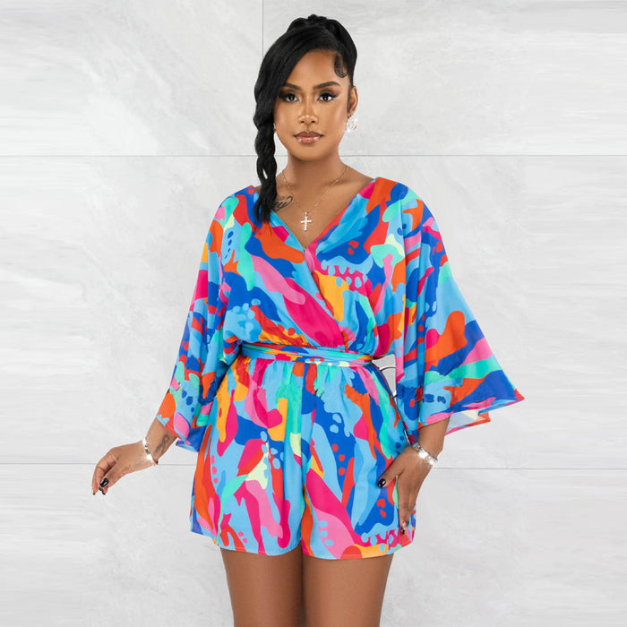 Women Wear V Neck Sexy Backless Print Shorts Jumpsuit-Fancey Boutique