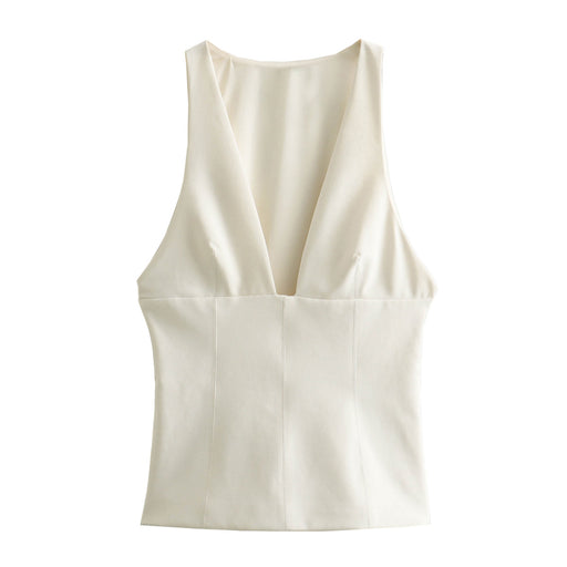Color-Ivory-Spring Women Sleeveless Stretch V neck Slim Short Bottoming Top-Fancey Boutique