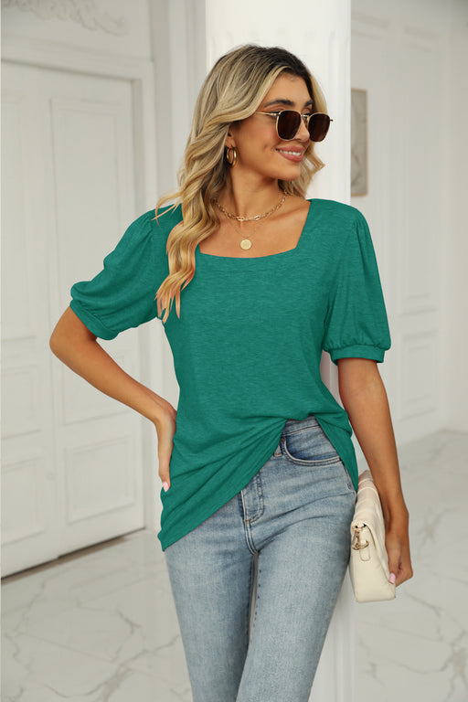 Spring Summer T shirt Solid Color Square Collar Pleated Short Sleeve Puff Sleeve Women-Fancey Boutique