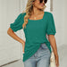 Spring Summer T shirt Solid Color Square Collar Pleated Short Sleeve Puff Sleeve Women-Fancey Boutique