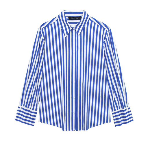 Spring Women Clothing Fashionable Multi Color Long Sleeve Polo Collar Stripes Poplin Shirt-Blue-Fancey Boutique