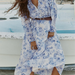 French High Grade Elegant Blue Chiffon Floral Shirt Dress for Women Gentle Super Fairy Holiday Waist Slimming Maxi Dress-Fancey Boutique
