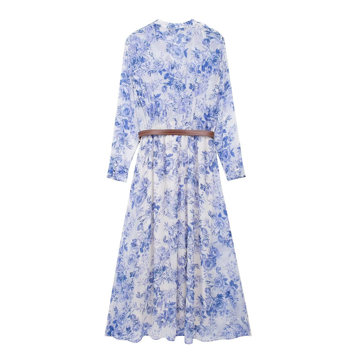 French High Grade Elegant Blue Chiffon Floral Shirt Dress for Women Gentle Super Fairy Holiday Waist Slimming Maxi Dress-Fancey Boutique