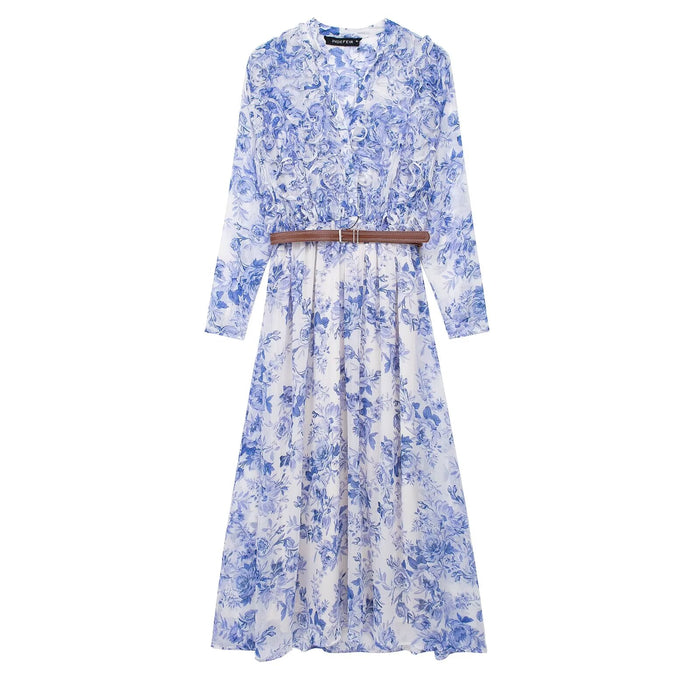 French High Grade Elegant Blue Chiffon Floral Shirt Dress for Women Gentle Super Fairy Holiday Waist Slimming Maxi Dress-Fancey Boutique