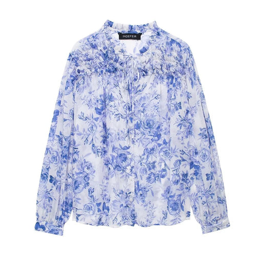 Summer Printed Lace up Long Sleeve Shirt Women Loose Top-Blue-Fancey Boutique