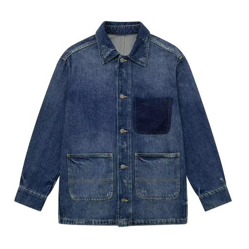 Summer Washed Blue Stitching Collared Long Sleeve Denim Jacket-Fancey Boutique