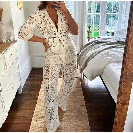 Spring V neck Long Sleeve Top Wide Leg Trousers Idle Three Dimensional Hollow Out Cutout Crochet Suit for Women-Fancey Boutique