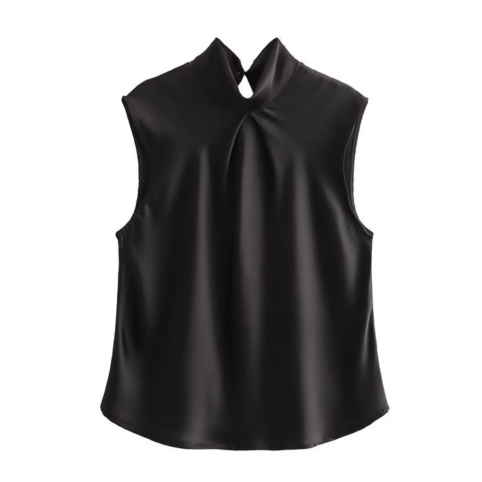Color-Black-Spring Women Clothing Silk Satin Texture Top Vest Sling-Fancey Boutique