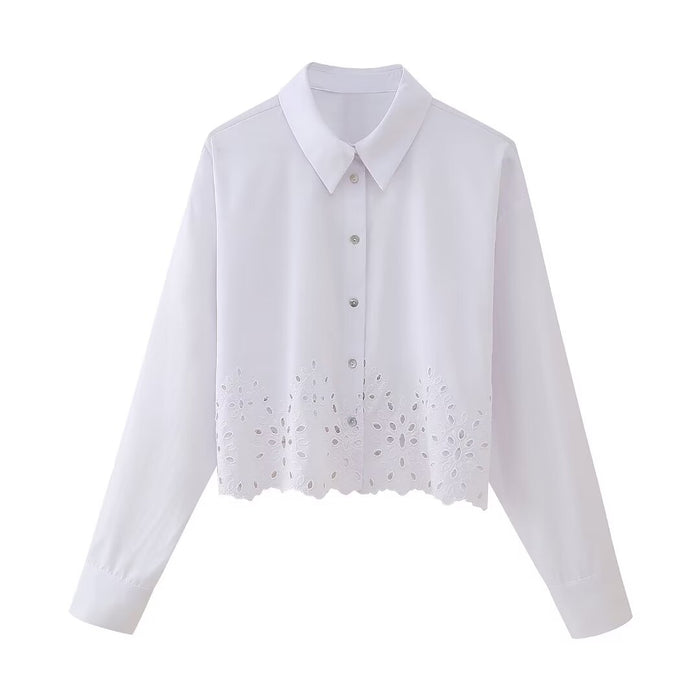 Women Clothing French Hollow Out Cutout Embroidery Short Shirt-Fancey Boutique