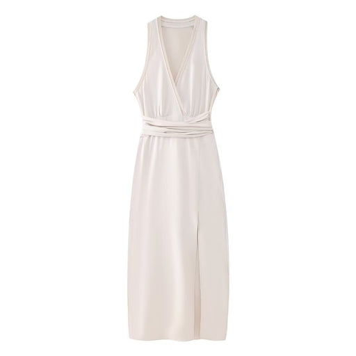 Color-White-Spring Women Pullover V Neck Sleeveless Belt Split Dress Translucent Stitching Dress-Fancey Boutique
