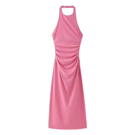 Color-Pink-Spring Women Slim Backless Midi Dress-Fancey Boutique