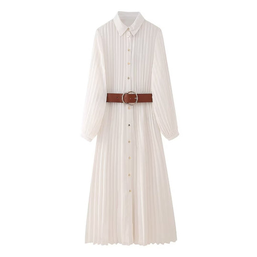 Color-White-Women Clothing Spring Elegant Lady Elegant With Belt Midi Pleated Maxi Dress-Fancey Boutique