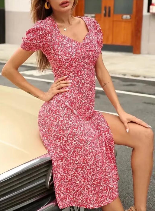 Color-Summer Women Clothing Fashionable Cotton Printed Square Collar Split Dress-Fancey Boutique