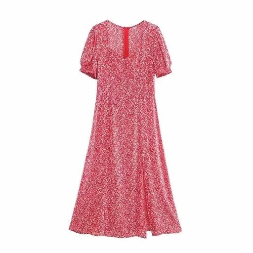 Color-Red-Summer Women Clothing Fashionable Cotton Printed Square Collar Split Dress-Fancey Boutique