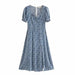 Color-Blue-Summer Women Clothing Fashionable Cotton Printed Square Collar Split Dress-Fancey Boutique