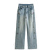 Retro Straight Jeans Straight Jeans Women High Waist Pocket Design Retro Mop Wide Leg Long Pants-Light Blue-Fancey Boutique