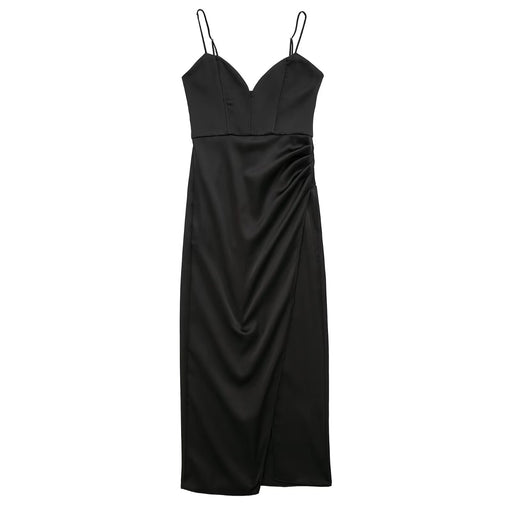 Color-Black-Women Clothing Summer Silk Satin Texture Midi Dress-Fancey Boutique