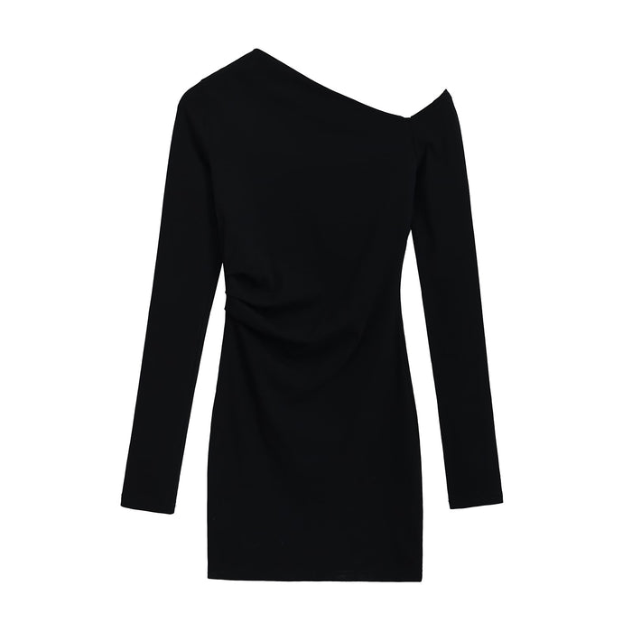Color-Black-Spring Women Clothing Elegant Light Mature Pleated Asymmetric Slim Dress-Fancey Boutique