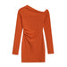 Color-Orange-Spring Women Clothing Elegant Light Mature Pleated Asymmetric Slim Dress-Fancey Boutique