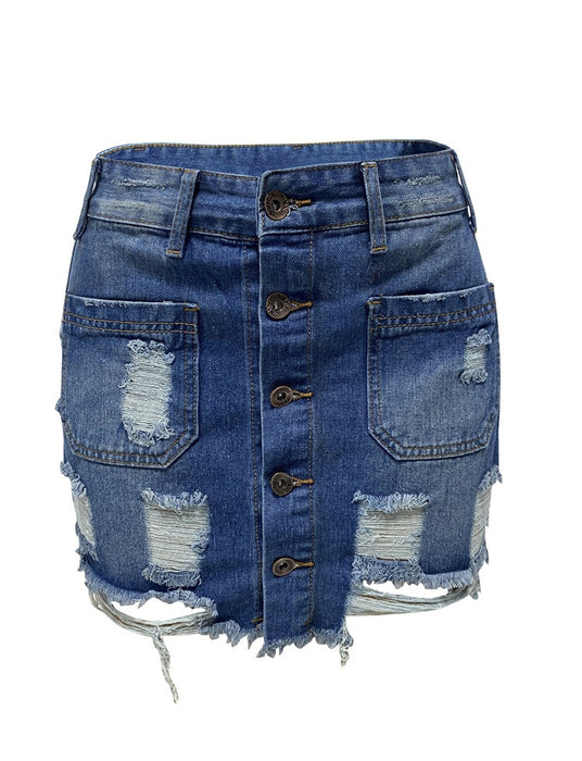 Spring Summer Breasted Denim Skirt Women Ripped Skinny Hip Skirt Short Skirt-Fancey Boutique