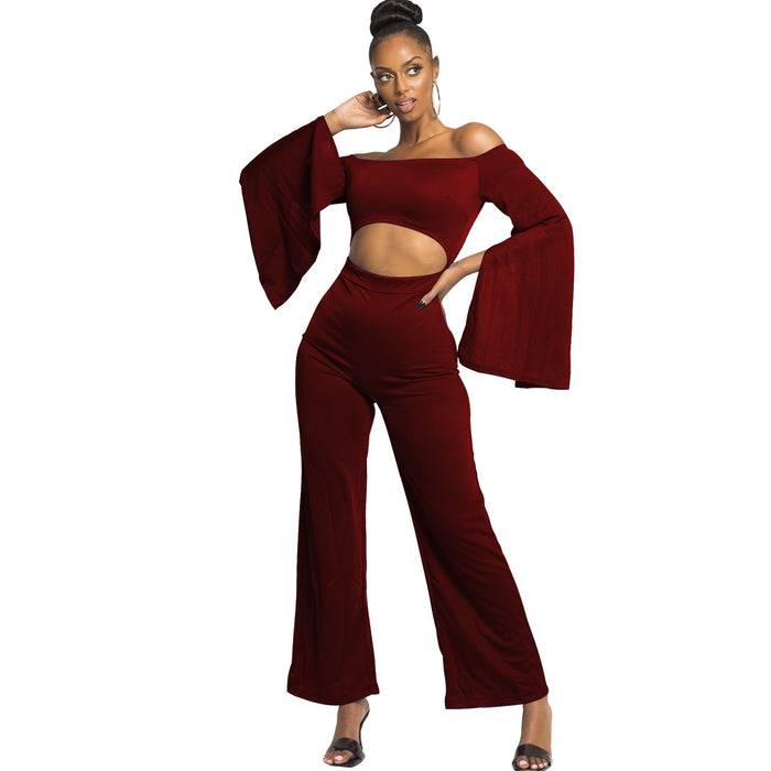 Boutique Casual Solid Color Long Sleeves Cropped off Shoulder Jumpsuit-5# Purplish Red-Fancey Boutique