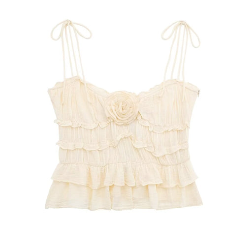 Series French Design Floral Laminated Decorative Vertical Camisole Top-Ivory-Fancey Boutique