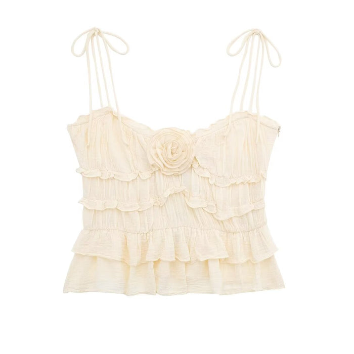 Series French Design Floral Laminated Decorative Vertical Camisole Top-Ivory-Fancey Boutique