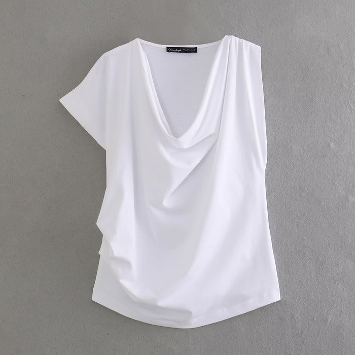 Women Clothing Summer Solid Color Asymmetric Design Pleated T shirt-White-Fancey Boutique