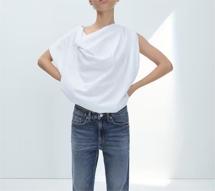 Women Clothing Summer Solid Color Asymmetric Design Pleated T shirt-Fancey Boutique