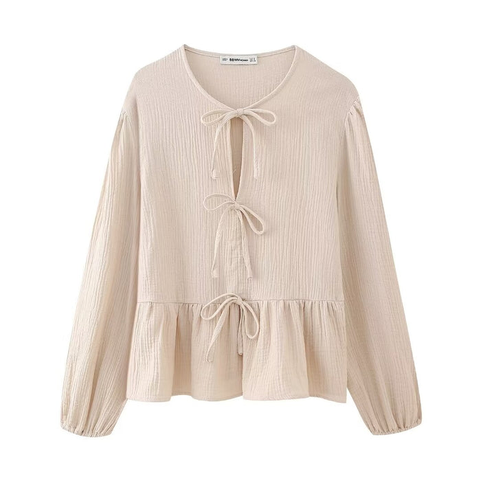 Spring round Neck Bowknot Decoration Long Sleeve Top-Beige Apricot Top-Fancey Boutique