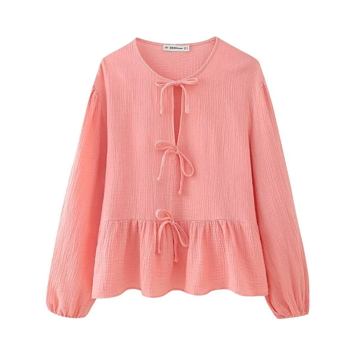 Spring round Neck Bowknot Decoration Long Sleeve Top-Pink Top-Fancey Boutique