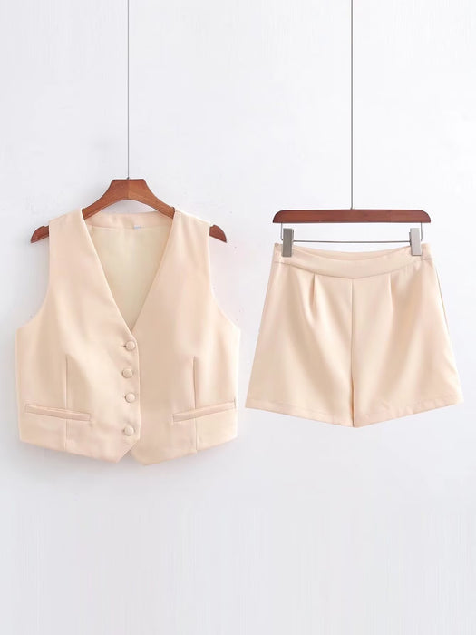 Vintage Women Breasted Short Cardigan Vest Casual Shorts Solid Color Set-Ivory-Fancey Boutique