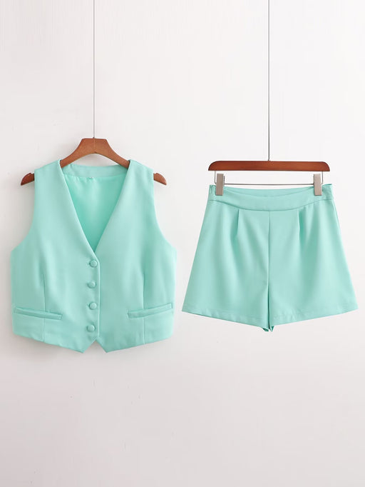 Vintage Women Breasted Short Cardigan Vest Casual Shorts Solid Color Set-Blue-Fancey Boutique