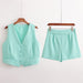 Vintage Women Breasted Short Cardigan Vest Casual Shorts Solid Color Set-Blue-Fancey Boutique