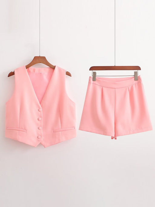 Vintage Women Breasted Short Cardigan Vest Casual Shorts Solid Color Set-Pink-Fancey Boutique