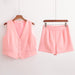 Vintage Women Breasted Short Cardigan Vest Casual Shorts Solid Color Set-Pink-Fancey Boutique
