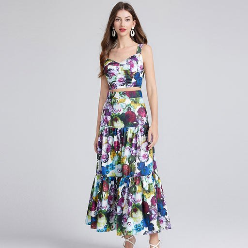 Sexy Printed Small Lace Stitching Three Dimensional Strapless Halter Skirt Two Piece Set-Fancey Boutique