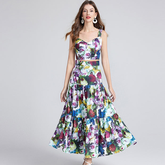 Sexy Printed Small Lace Stitching Three Dimensional Strapless Halter Skirt Two Piece Set-Fancey Boutique