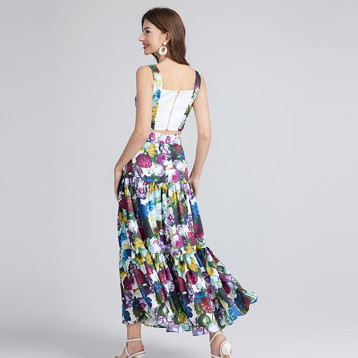 Sexy Printed Small Lace Stitching Three Dimensional Strapless Halter Skirt Two Piece Set-Fancey Boutique