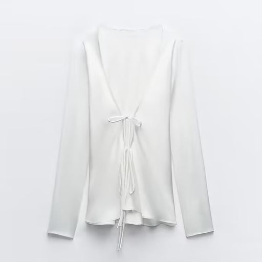 Spring Women Clothing Loose Bow Silk Satin Textured Shirt for Women-White-Fancey Boutique