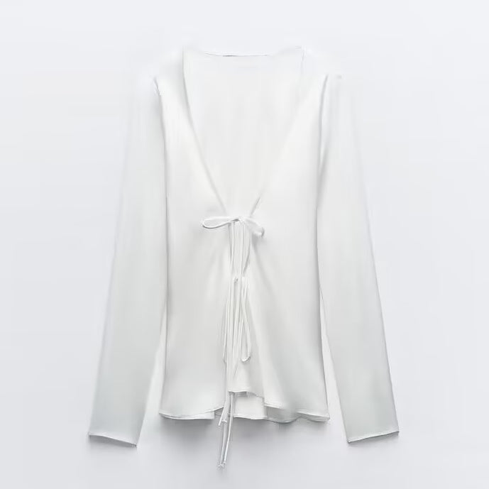 Spring Women Clothing Loose Bow Silk Satin Textured Shirt for Women-White-Fancey Boutique